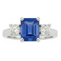 Round Natural Earth Mined Diamond ( Not Lab Grown ) 3 Stone Radiant Ceylon Sapphire Ring 2.50 Carats