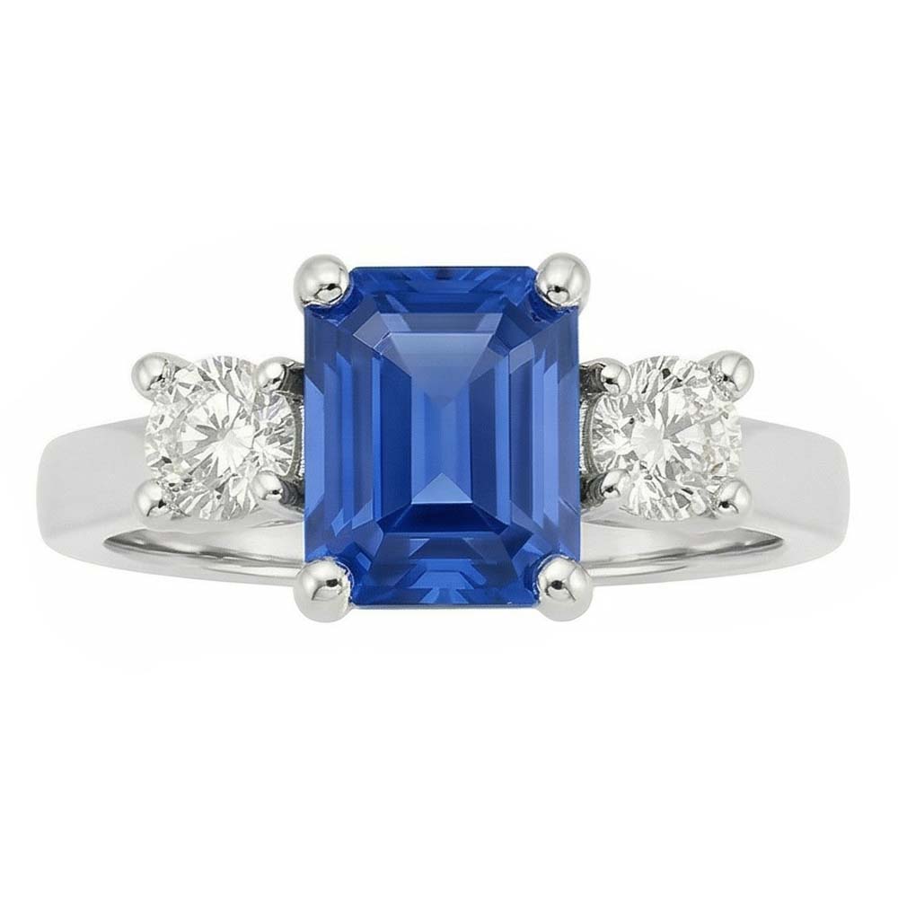 Round Natural Earth Mined Diamond ( Not Lab Grown ) 3 Stone Radiant Ceylon Sapphire Ring 2.50 Carats