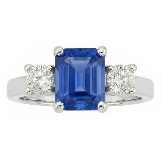Round Natural Earth Mined Diamond ( Not Lab Grown ) 3 Stone Radiant Ceylon Sapphire Ring 2.50 Carats