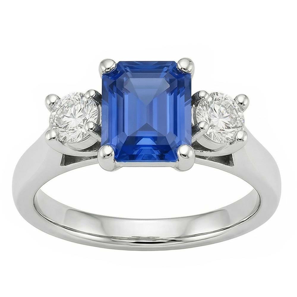 Round Natural Earth Mined Diamond ( Not Lab Grown ) 3 Stone Radiant Ceylon Sapphire Ring 2.50 Carats