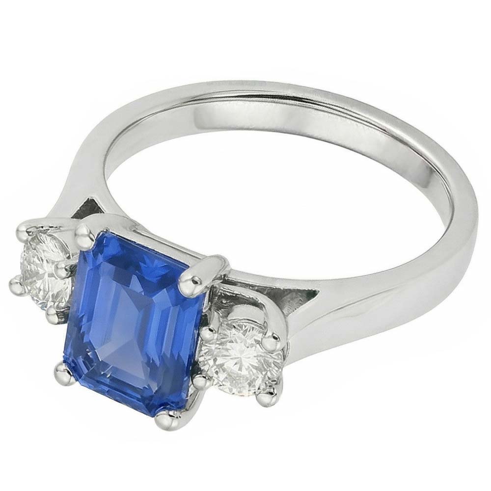 Round Natural Earth Mined Diamond ( Not Lab Grown ) 3 Stone Radiant Ceylon Sapphire Ring 2.50 Carats