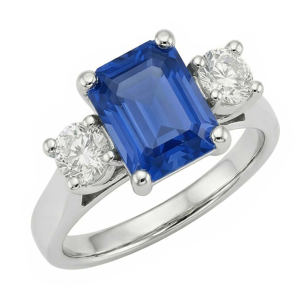 Round Natural Earth Mined Diamond ( Not Lab Grown ) 3 Stone Radiant Ceylon Sapphire Ring 2.50 Carats