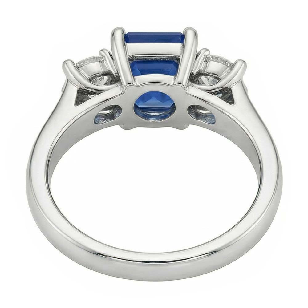 Round Natural Earth Mined Diamond ( Not Lab Grown ) 3 Stone Radiant Ceylon Sapphire Ring 2.50 Carats