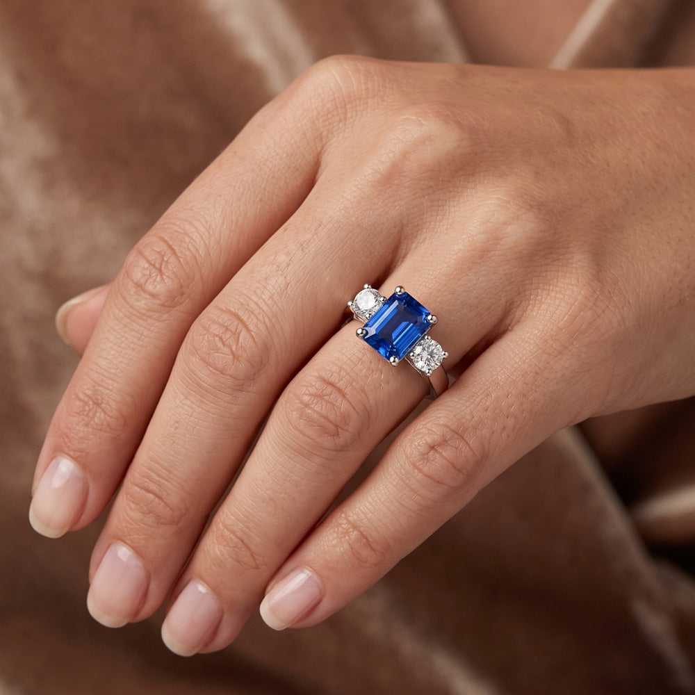 Round Natural Earth Mined Diamond ( Not Lab Grown ) 3 Stone Radiant Ceylon Sapphire Ring 2.50 Carats