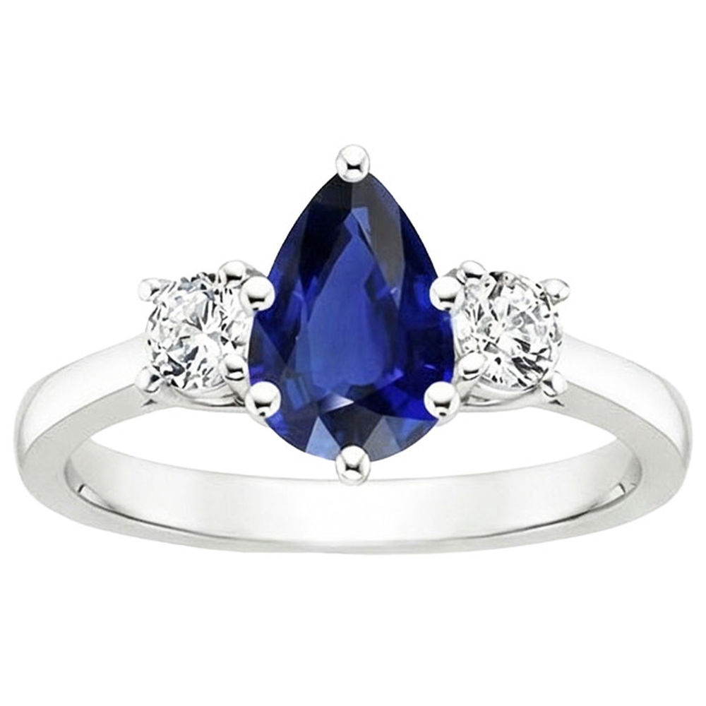 Round Natural Earth Mined Diamond ( Not Lab Grown ) 3 Stones Ring Pear Cut Ceylon Sapphire 3 Carats