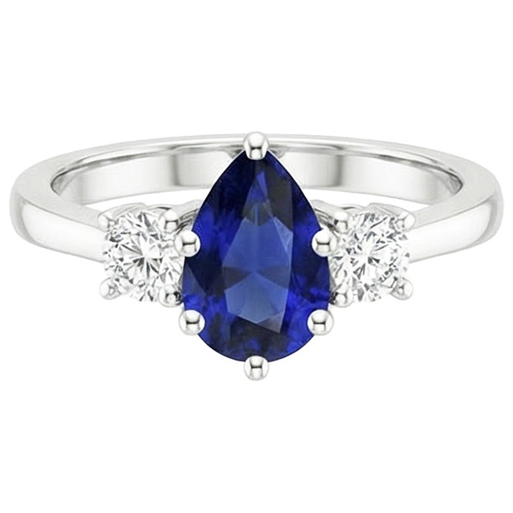 Round Natural Earth Mined Diamond ( Not Lab Grown ) 3 Stones Ring Pear Cut Ceylon Sapphire 3 Carats