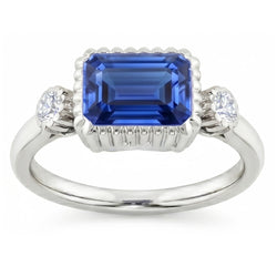 Round Natural Earth Mined Diamond ( Not Lab Grown ) Bezel 3 Stone Anniversary Blue Sapphire Ring ...
