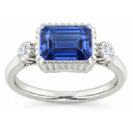 Round Natural Earth Mined Diamond ( Not Lab Grown ) Bezel 3 Stone Anniversary Blue Sapphire Ring ...