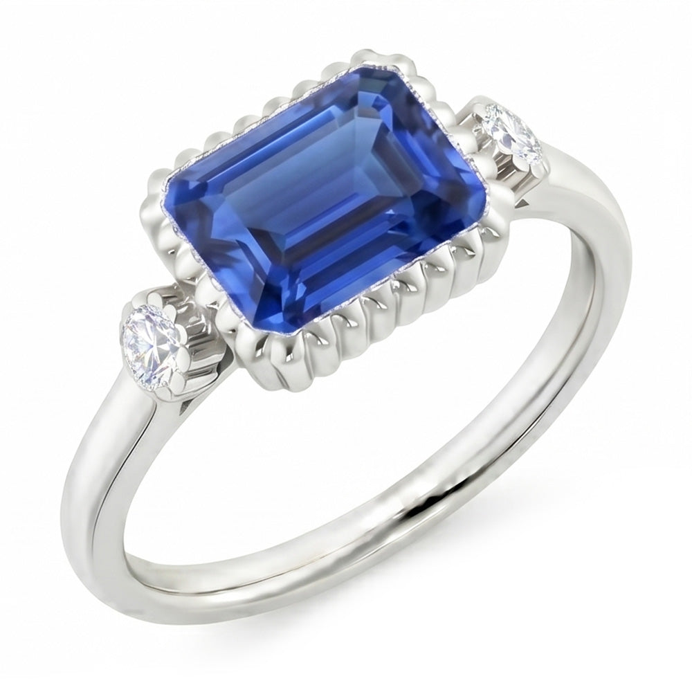 Round Natural Earth Mined Diamond ( Not Lab Grown ) Bezel 3 Stone Anniversary Blue Sapphire Ring ...