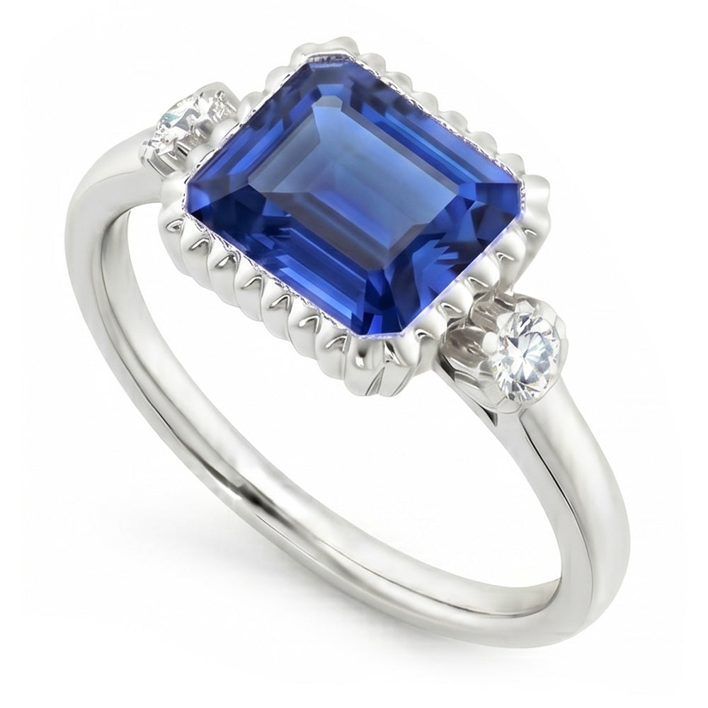 Round Natural Earth Mined Diamond ( Not Lab Grown ) Bezel 3 Stone Anniversary Blue Sapphire Ring ...