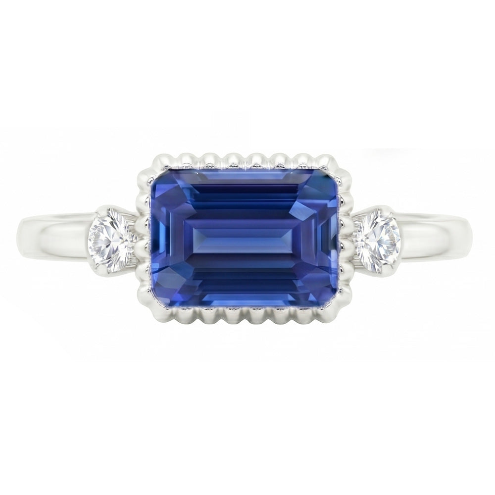 Round Natural Earth Mined Diamond ( Not Lab Grown ) Bezel 3 Stone Anniversary Blue Sapphire Ring ...