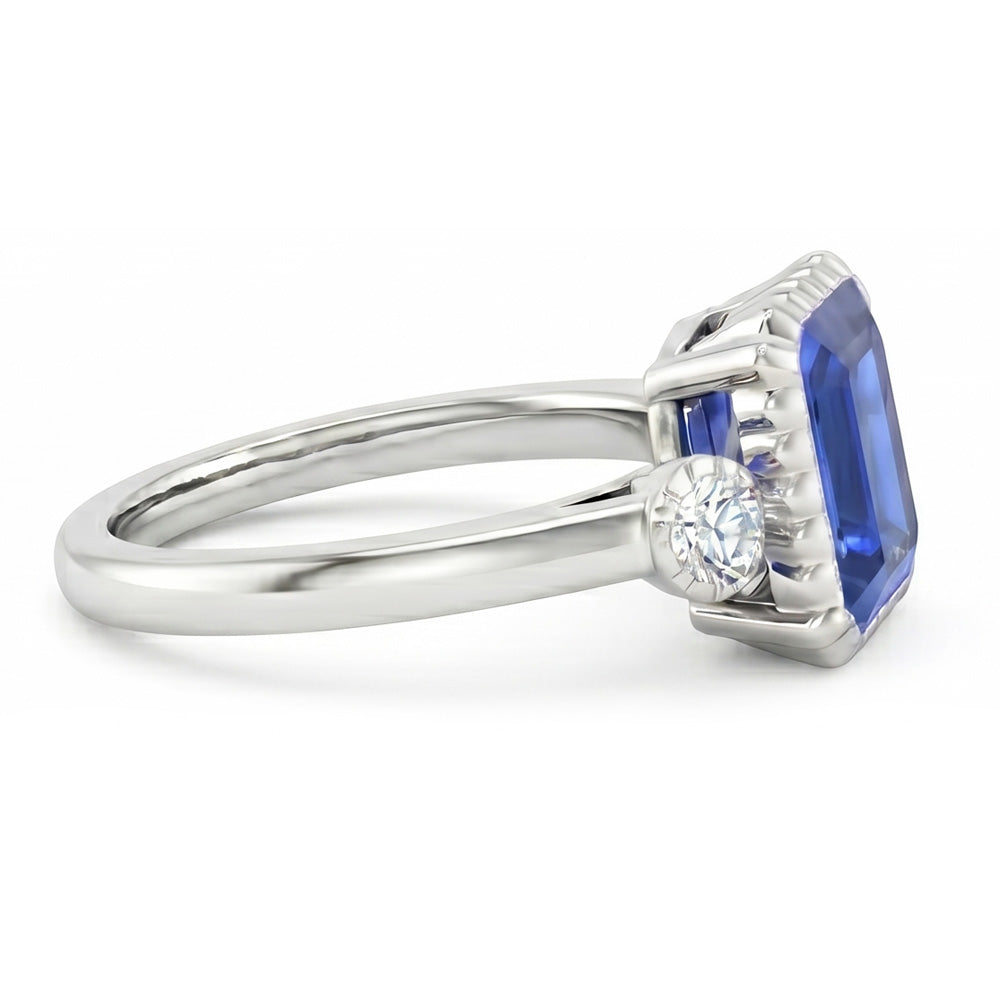 Round Natural Earth Mined Diamond ( Not Lab Grown ) Bezel 3 Stone Anniversary Blue Sapphire Ring ...