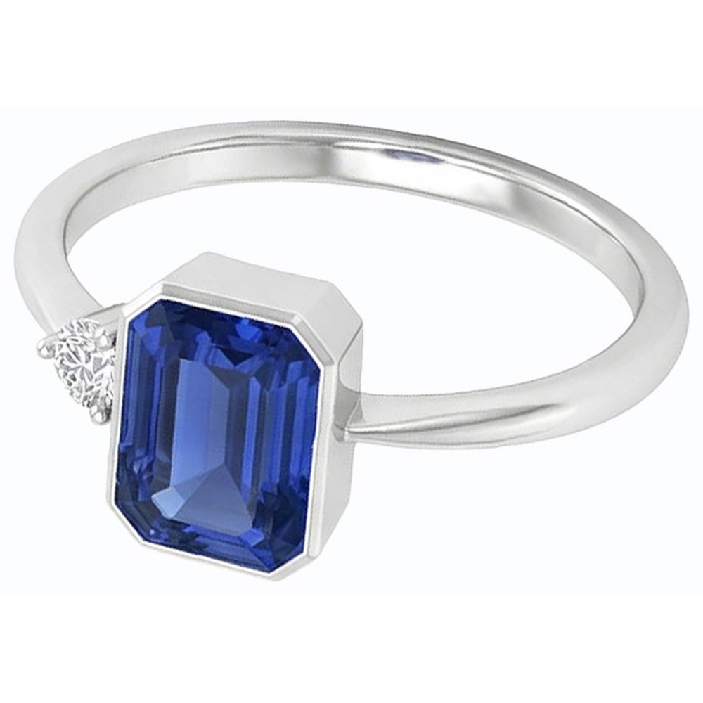 Round Natural Earth Mined Diamond ( Not Lab Grown ) Bezel Set Blue Sapphire Ring 1.75 Carats Tapered Shank
