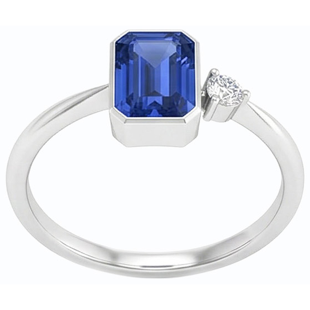 Round Natural Earth Mined Diamond ( Not Lab Grown ) Bezel Set Blue Sapphire Ring 1.75 Carats Tapered Shank