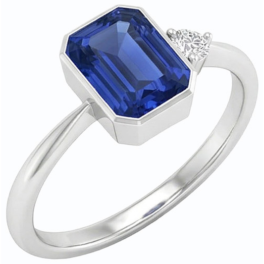 Round Natural Earth Mined Diamond ( Not Lab Grown ) Bezel Set Blue Sapphire Ring 1.75 Carats Tapered Shank