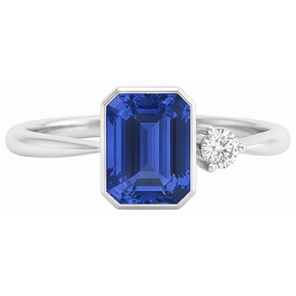 Round Natural Earth Mined Diamond ( Not Lab Grown ) Bezel Set Blue Sapphire Ring 1.75 Carats Tapered Shank