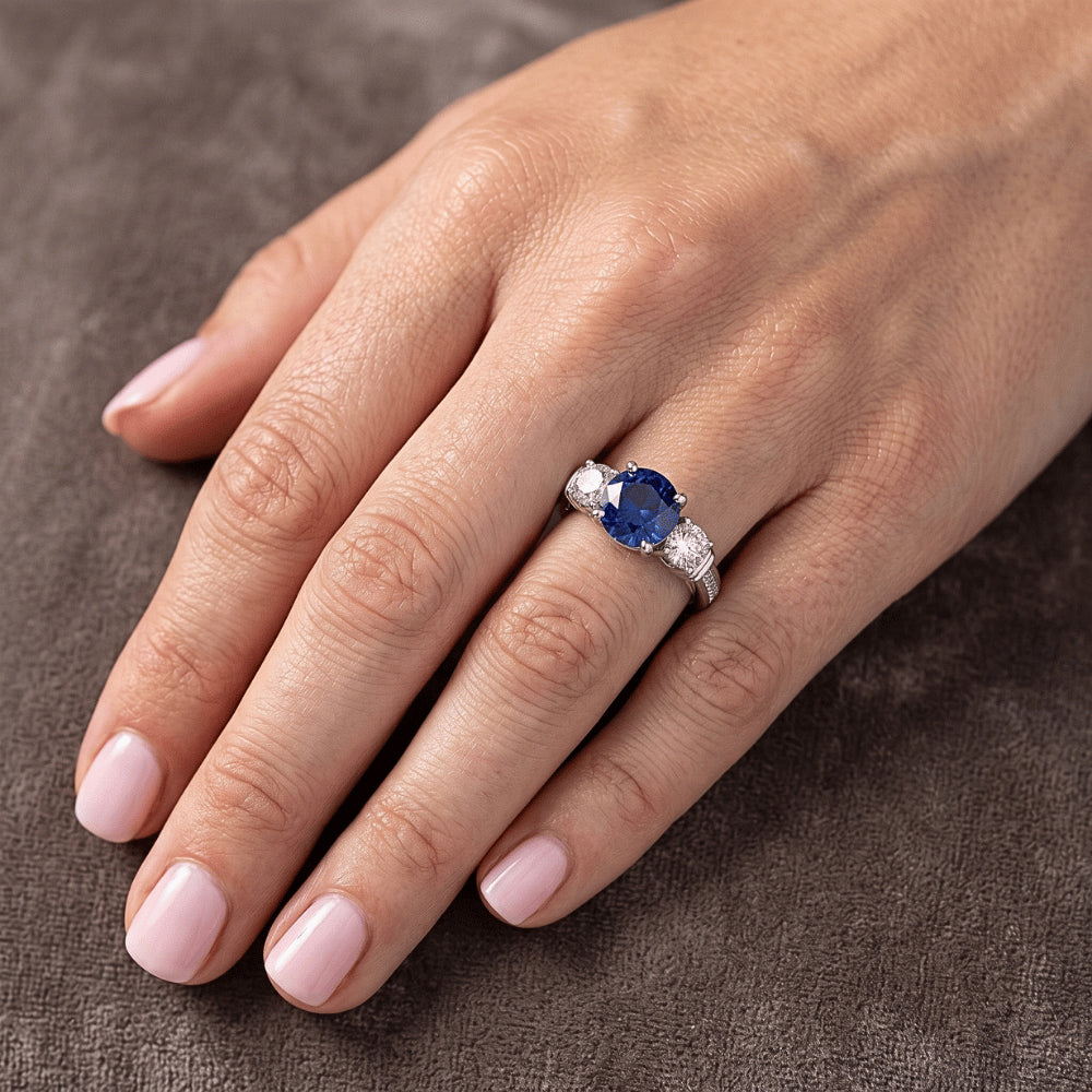 Round Natural Earth Mined Diamond ( Not Lab Grown ) Bezel Set Blue Sapphire Ring 3 Carats White G...