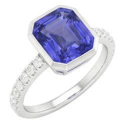 Round Natural Earth Mined Diamond ( Not Lab Grown ) Ceylon Sapphire Ring Bezel Set 4 Carats Pave ...