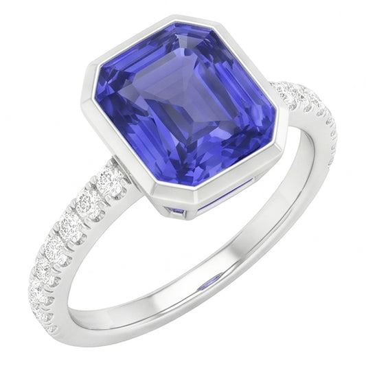 Round Natural Earth Mined Diamond ( Not Lab Grown ) Ceylon Sapphire Ring Bezel Set 4 Carats Pave ...
