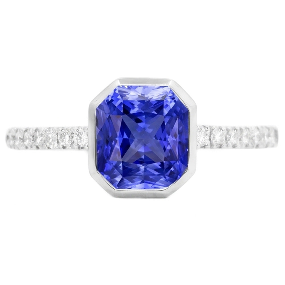 Round Natural Earth Mined Diamond ( Not Lab Grown ) Ceylon Sapphire Ring Bezel Set 4 Carats Pave ...