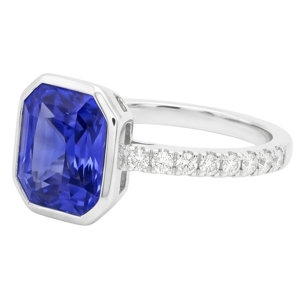 Round Natural Earth Mined Diamond ( Not Lab Grown ) Ceylon Sapphire Ring Bezel Set 4 Carats Pave ...