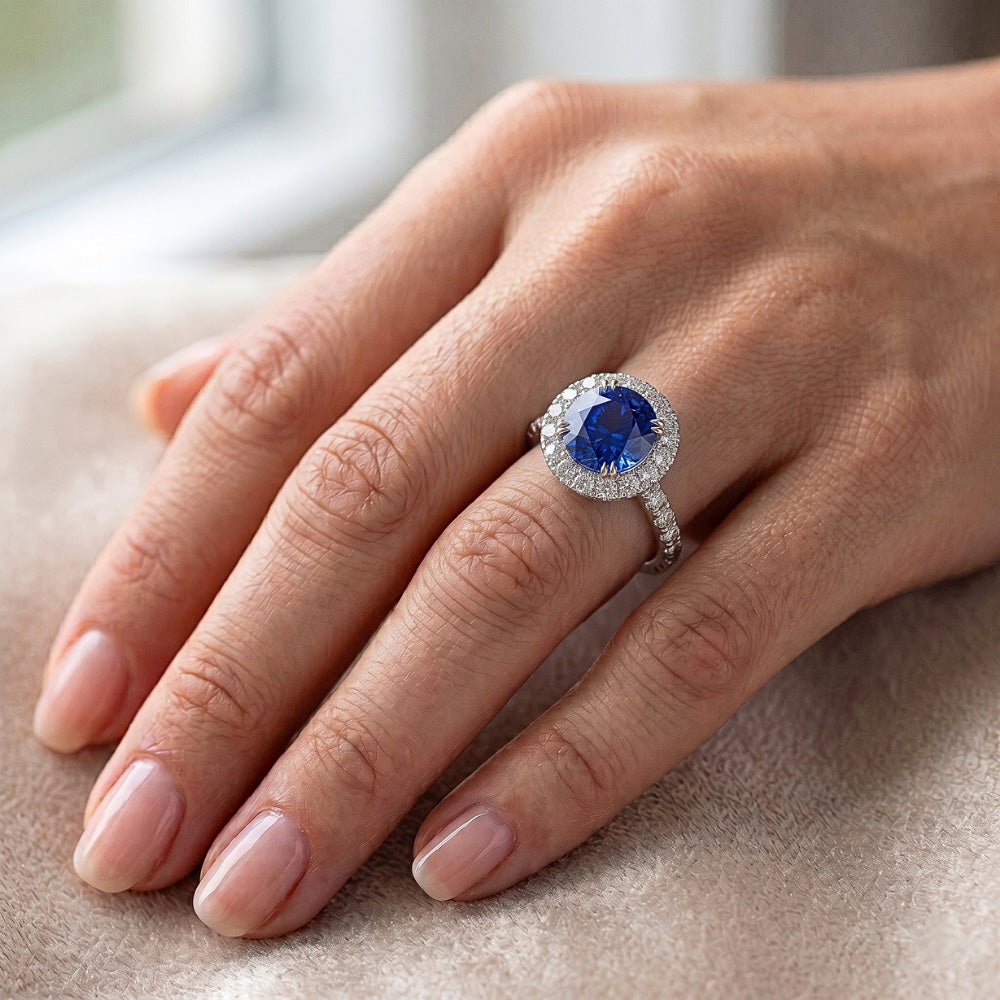 Round Natural Earth Mined Diamond ( Not Lab Grown ) Engagement Ring Halo Ceylon Sapphire Jewelry 3.50 Carats