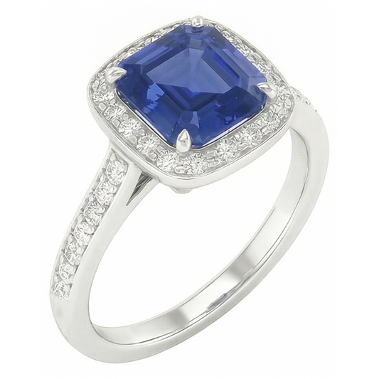 Round Natural Earth Mined Diamond ( Not Lab Grown ) Halo Asscher Blue Sapphire Engagement Ring 1.75 Carats