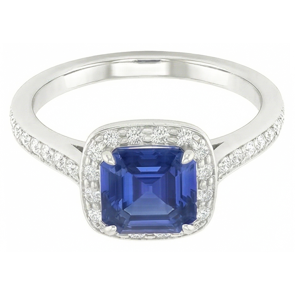 Round Natural Earth Mined Diamond ( Not Lab Grown ) Halo Asscher Blue Sapphire Engagement Ring 1.75 Carats