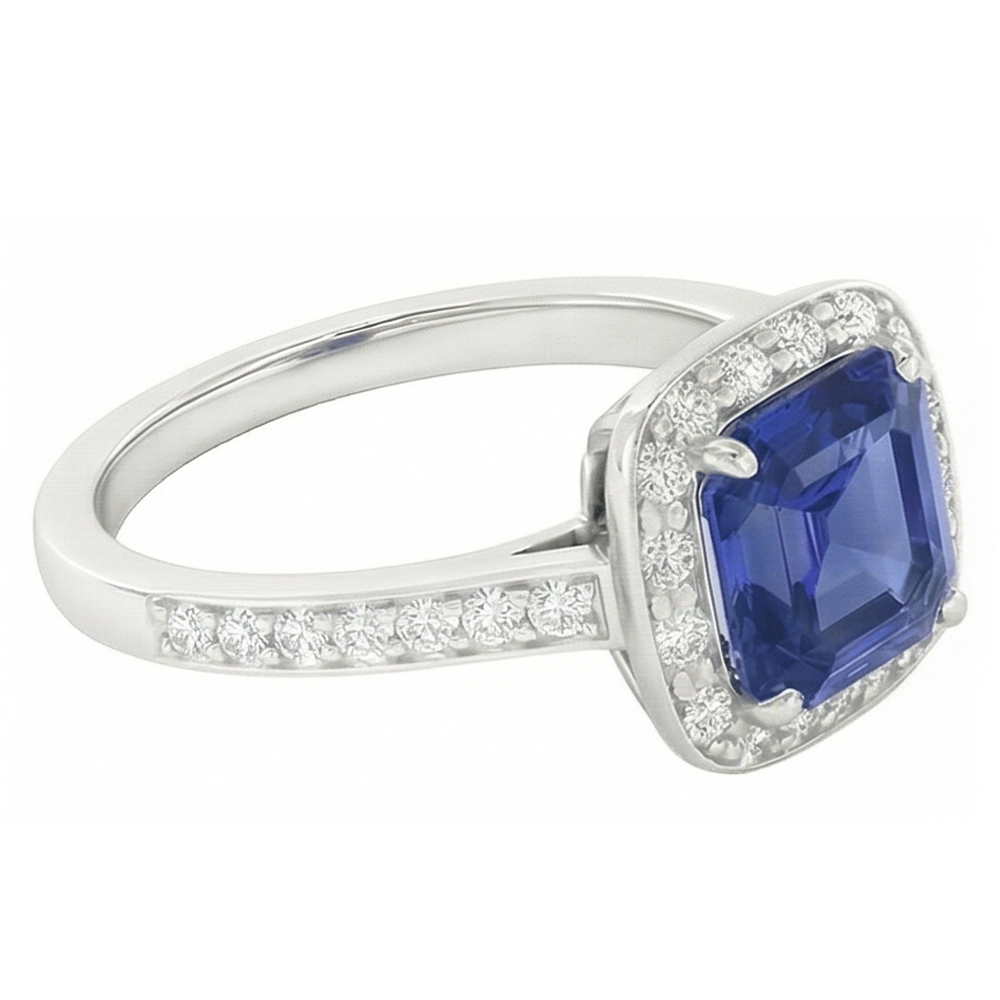 Round Natural Earth Mined Diamond ( Not Lab Grown ) Halo Asscher Blue Sapphire Engagement Ring 1.75 Carats