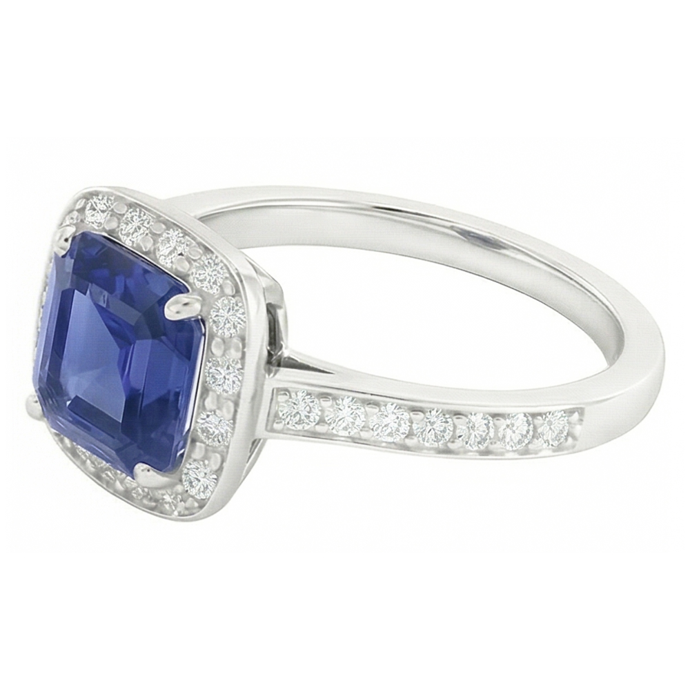 Round Natural Earth Mined Diamond ( Not Lab Grown ) Halo Asscher Blue Sapphire Engagement Ring 1.75 Carats