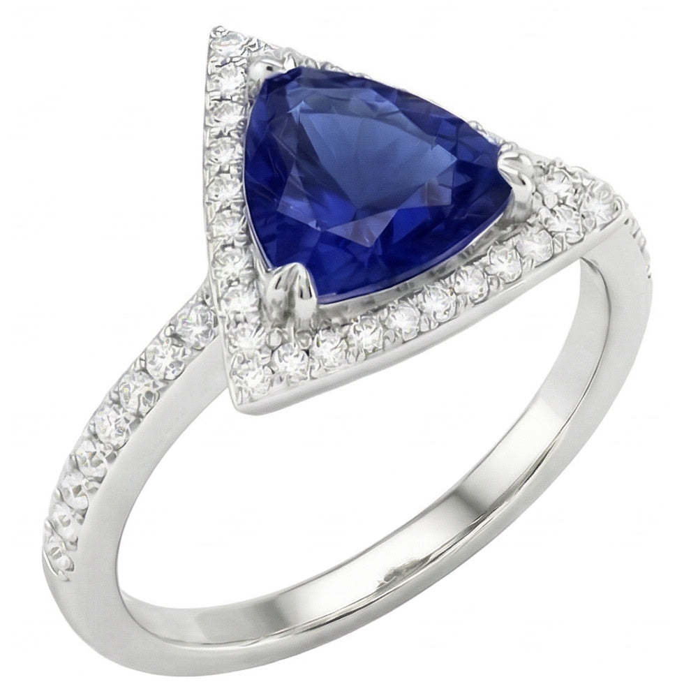 Round Natural Earth Mined Diamond ( Not Lab Grown ) Halo Trillion Sapphire Ring 1.50 Carats Ladies Jewelry