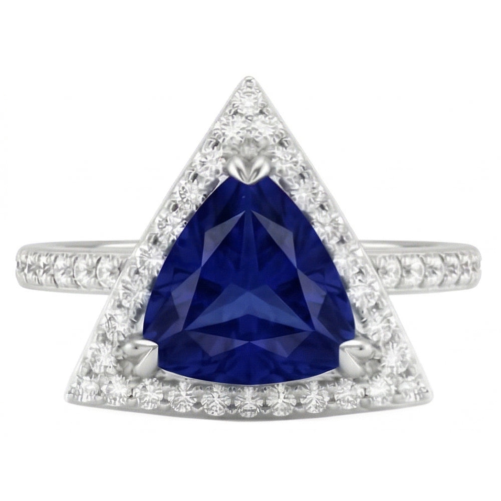 Round Natural Earth Mined Diamond ( Not Lab Grown ) Halo Trillion Sapphire Ring 1.50 Carats Ladies Jewelry