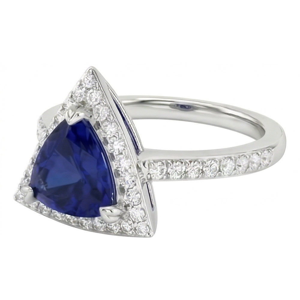 Round Natural Earth Mined Diamond ( Not Lab Grown ) Halo Trillion Sapphire Ring 1.50 Carats Ladies Jewelry