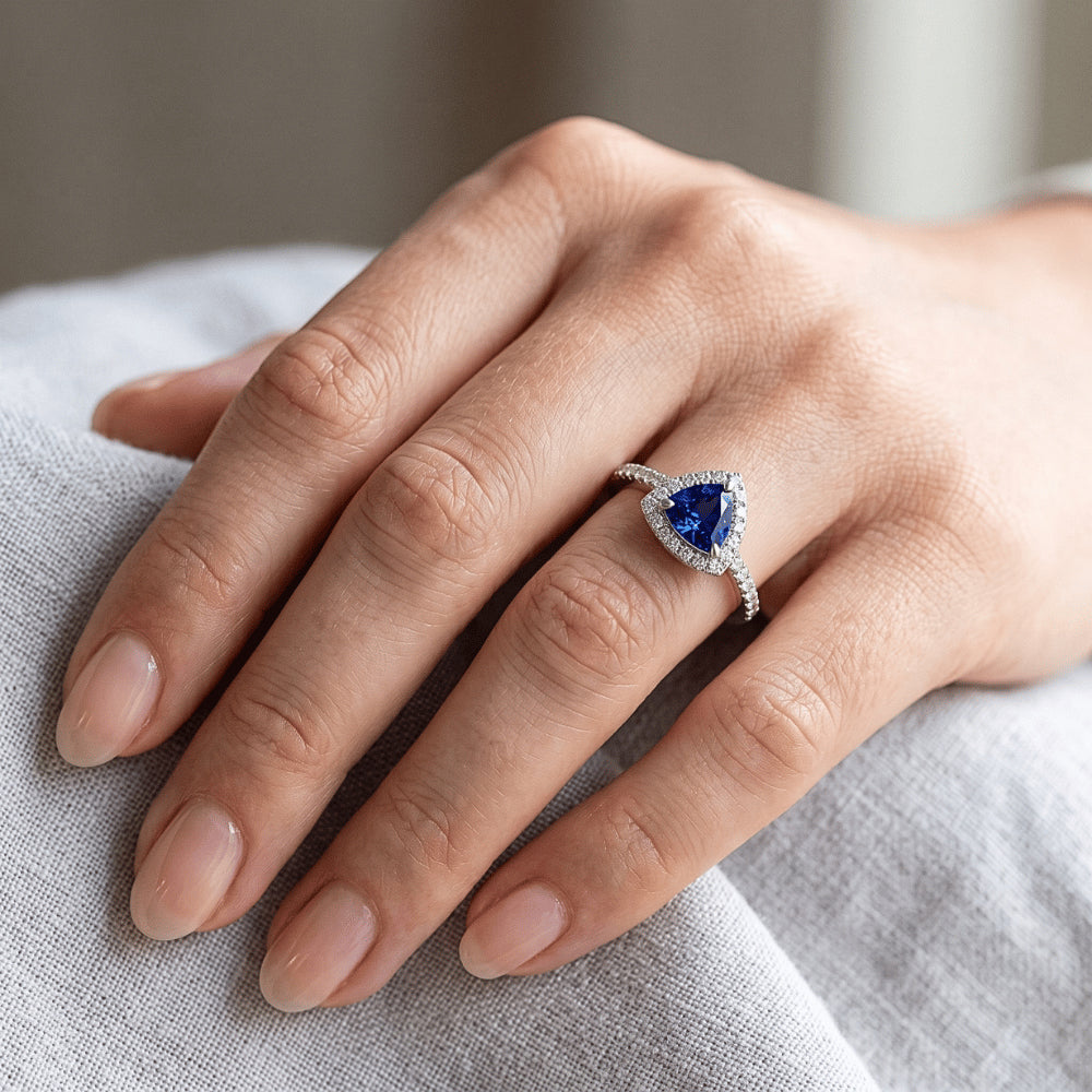 Round Natural Earth Mined Diamond ( Not Lab Grown ) Halo Trillion Sapphire Ring 1.50 Carats Ladies Jewelry