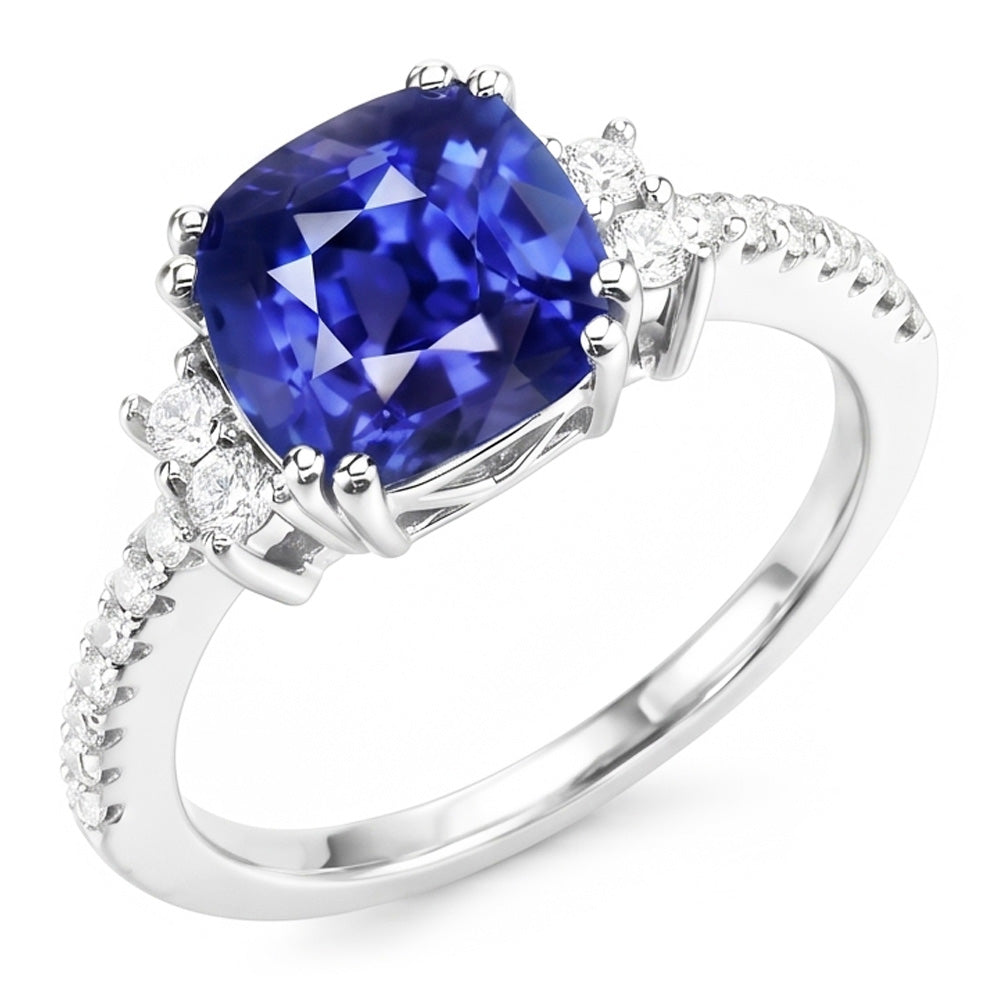 Round Natural Earth Mined Diamond ( Not Lab Grown ) Ring Cushion Ceylon Sapphire Gemstone 4.50 Carats Gold