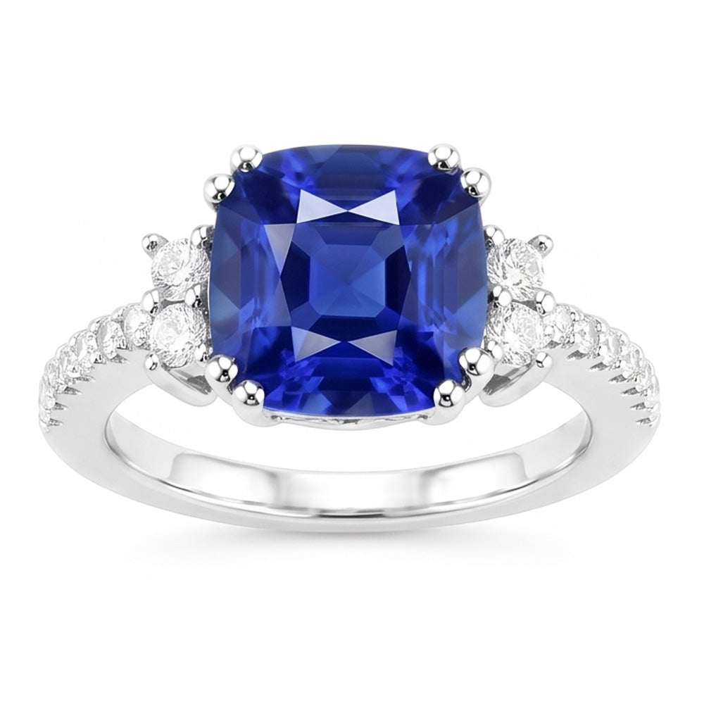 Round Natural Earth Mined Diamond ( Not Lab Grown ) Ring Cushion Ceylon Sapphire Gemstone 4.50 Carats Gold