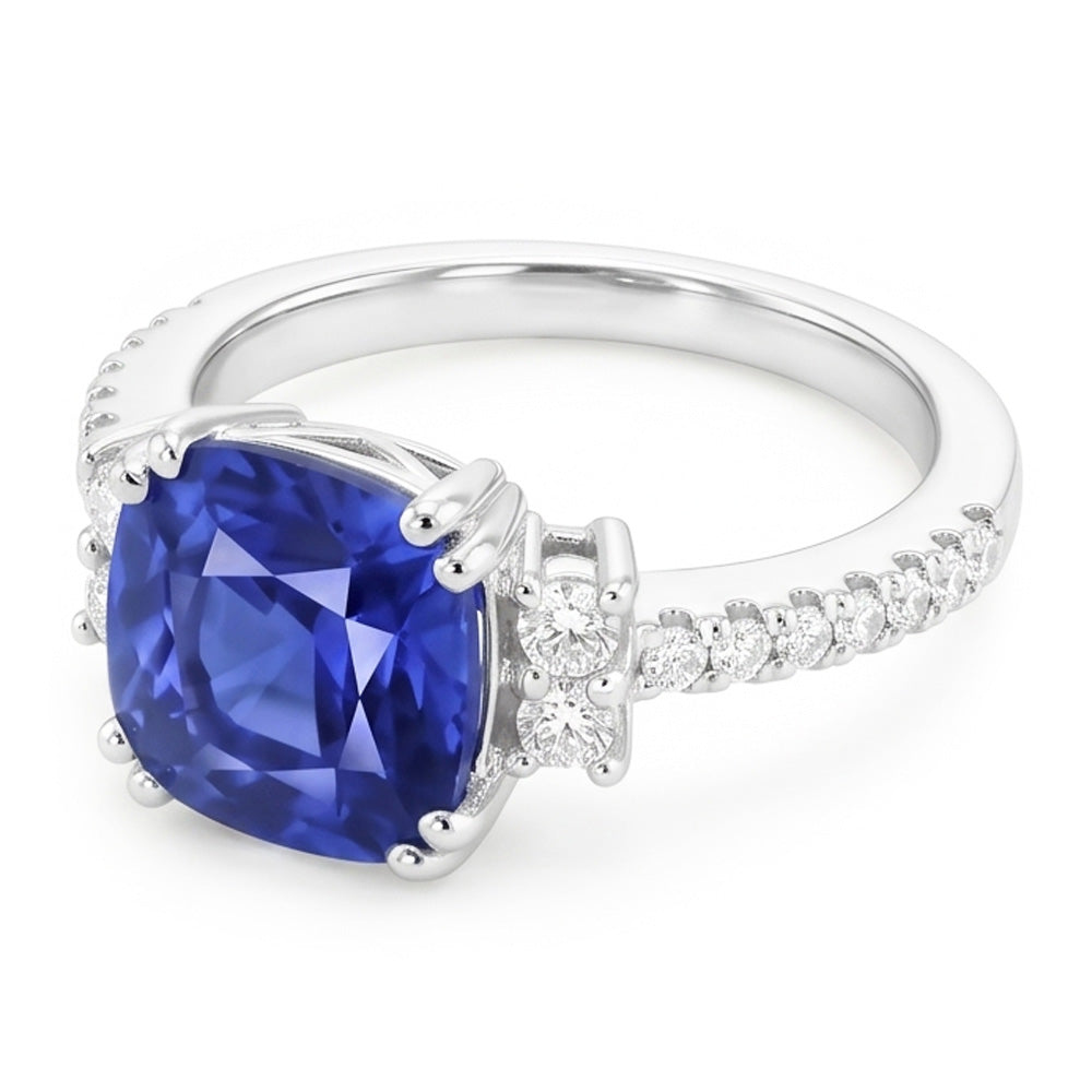 Round Natural Earth Mined Diamond ( Not Lab Grown ) Ring Cushion Ceylon Sapphire Gemstone 4.50 Carats Gold