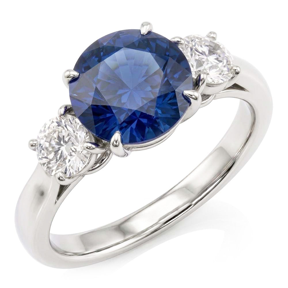 Round Natural Earth Mined Diamond ( Not Lab Grown ) Three Stone Blue Sapphire Ring 2.25 Carats