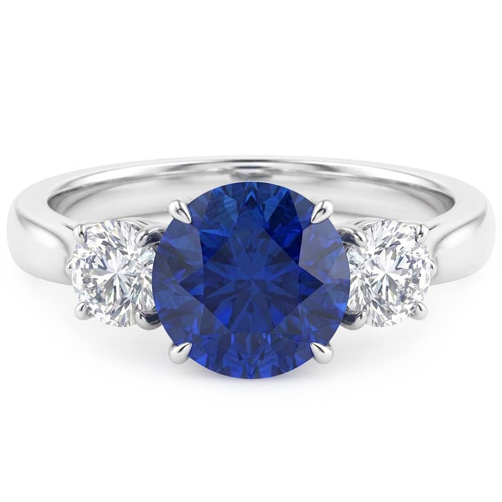 Round Natural Earth Mined Diamond ( Not Lab Grown ) Three Stone Blue Sapphire Ring 2.25 Carats