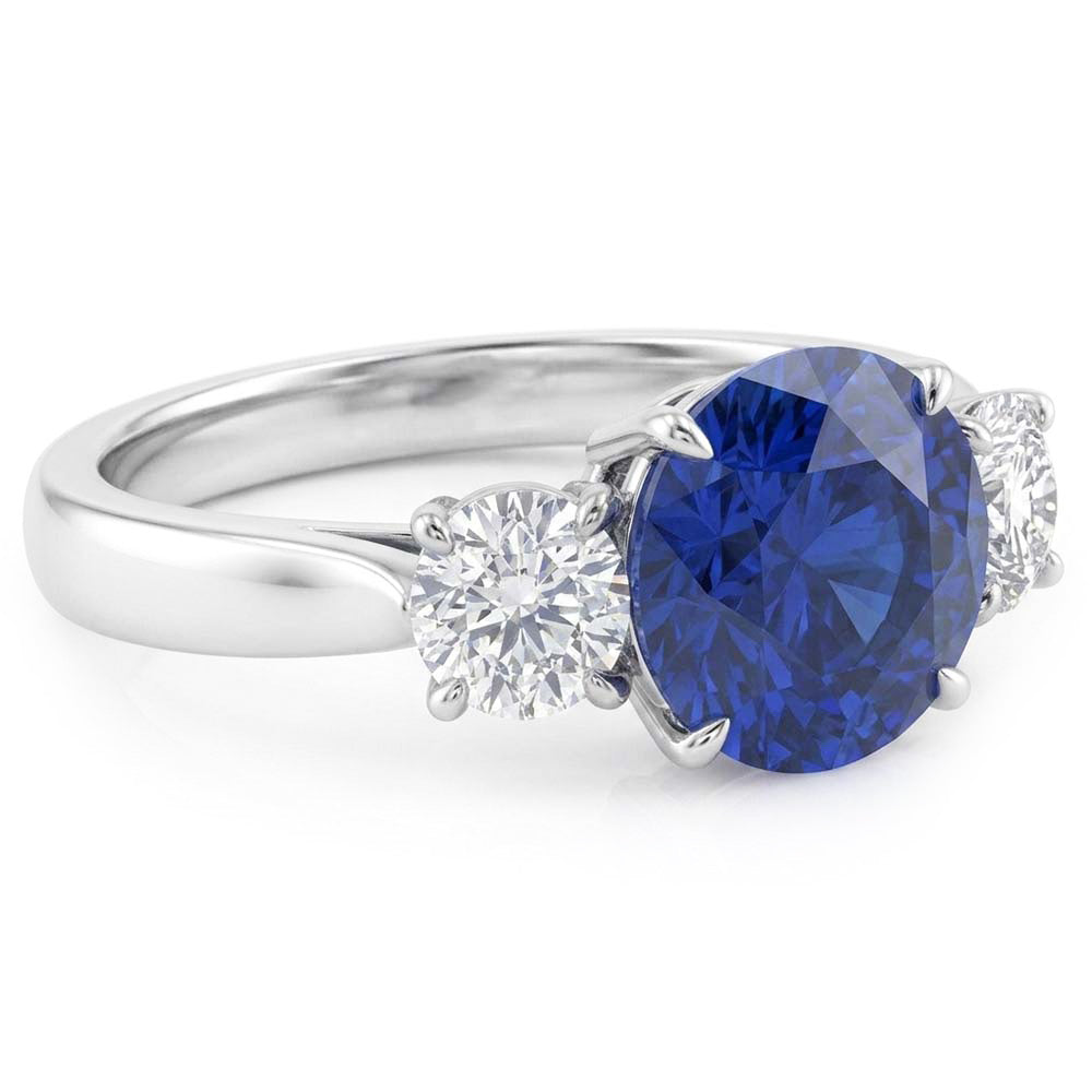 Round Natural Earth Mined Diamond ( Not Lab Grown ) Three Stone Blue Sapphire Ring 2.25 Carats