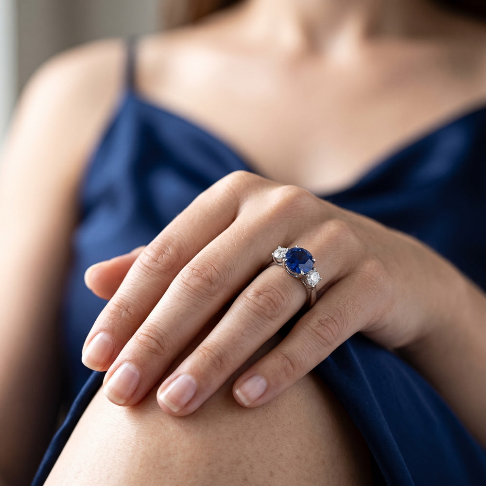Round Natural Earth Mined Diamond ( Not Lab Grown ) Three Stone Blue Sapphire Ring 2.25 Carats