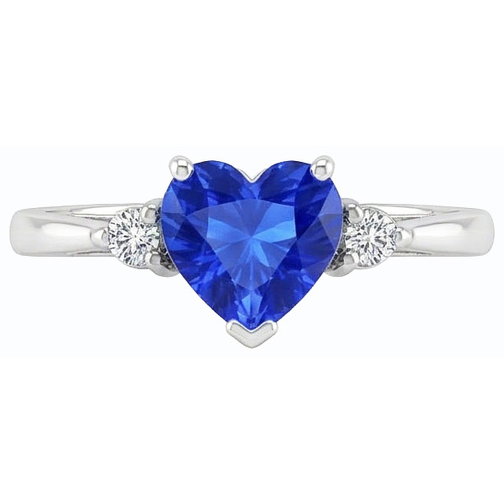 Round Natural Earth Mined Diamond ( Not Lab Grown ) Three Stone Ring Heart Sri Lankan Sapphire 1.75 Carats