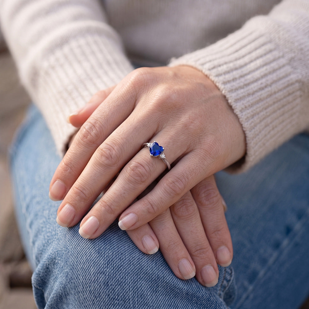 Round Natural Earth Mined Diamond ( Not Lab Grown ) Three Stone Ring Heart Sri Lankan Sapphire 1.75 Carats