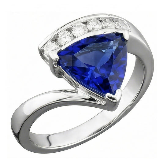 Round Natural Earth Mined Diamond ( Not Lab Grown ) Trillion Blue Sapphire Ring Tension Channel Set 2 Carats