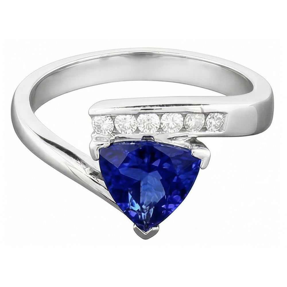 Round Natural Earth Mined Diamond ( Not Lab Grown ) Trillion Blue Sapphire Ring Tension Channel Set 2 Carats