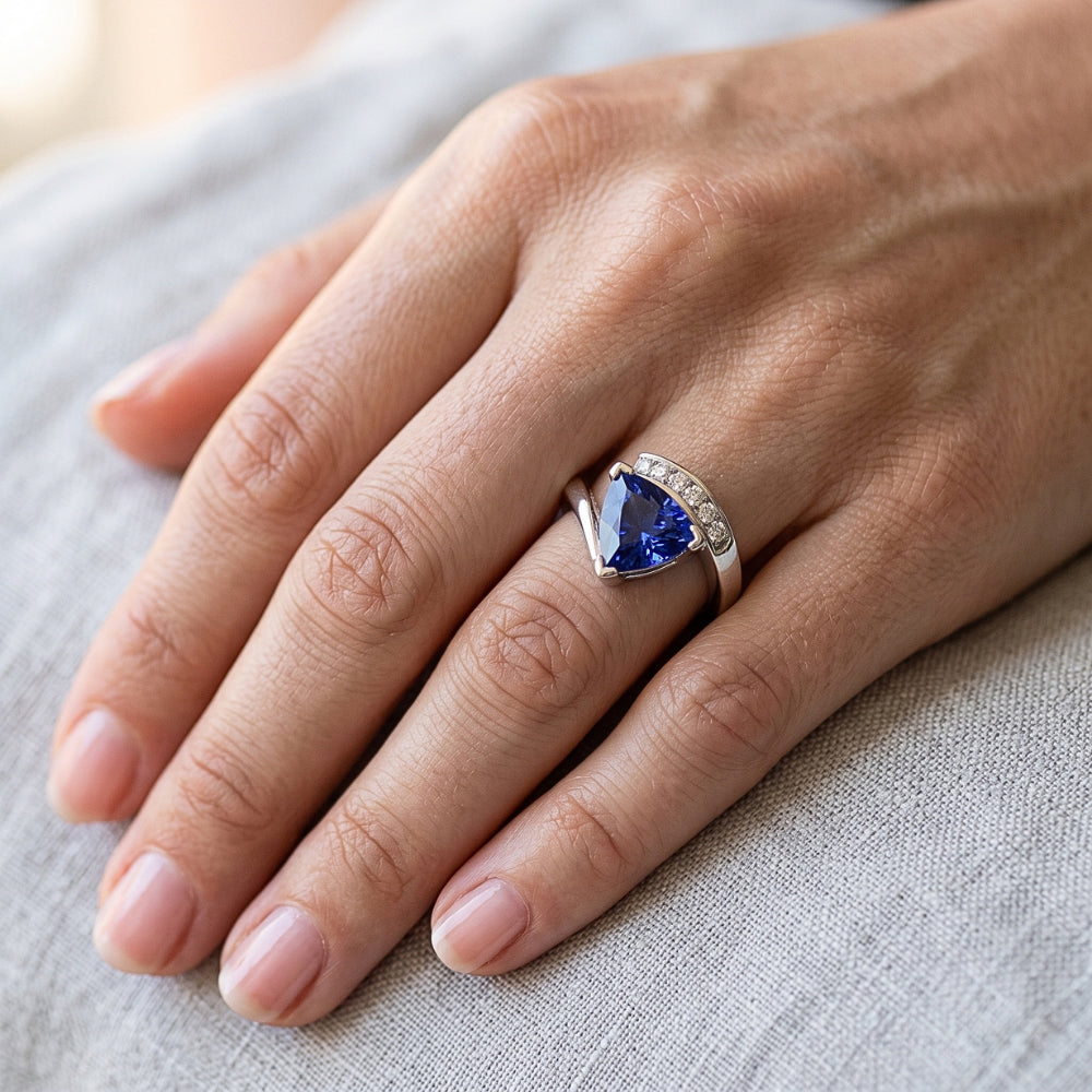 Round Natural Earth Mined Diamond ( Not Lab Grown ) Trillion Blue Sapphire Ring Tension Channel Set 2 Carats