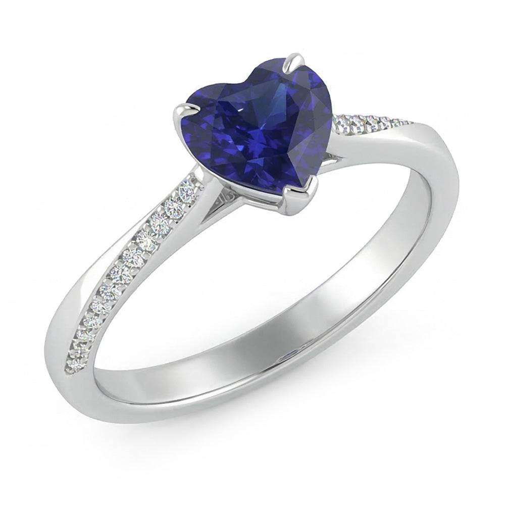 Round Natural Earth Mined Diamond ( Not Lab Grown ) & Blue Sapphire Engagement Ring 2 Carats Tapered Shank