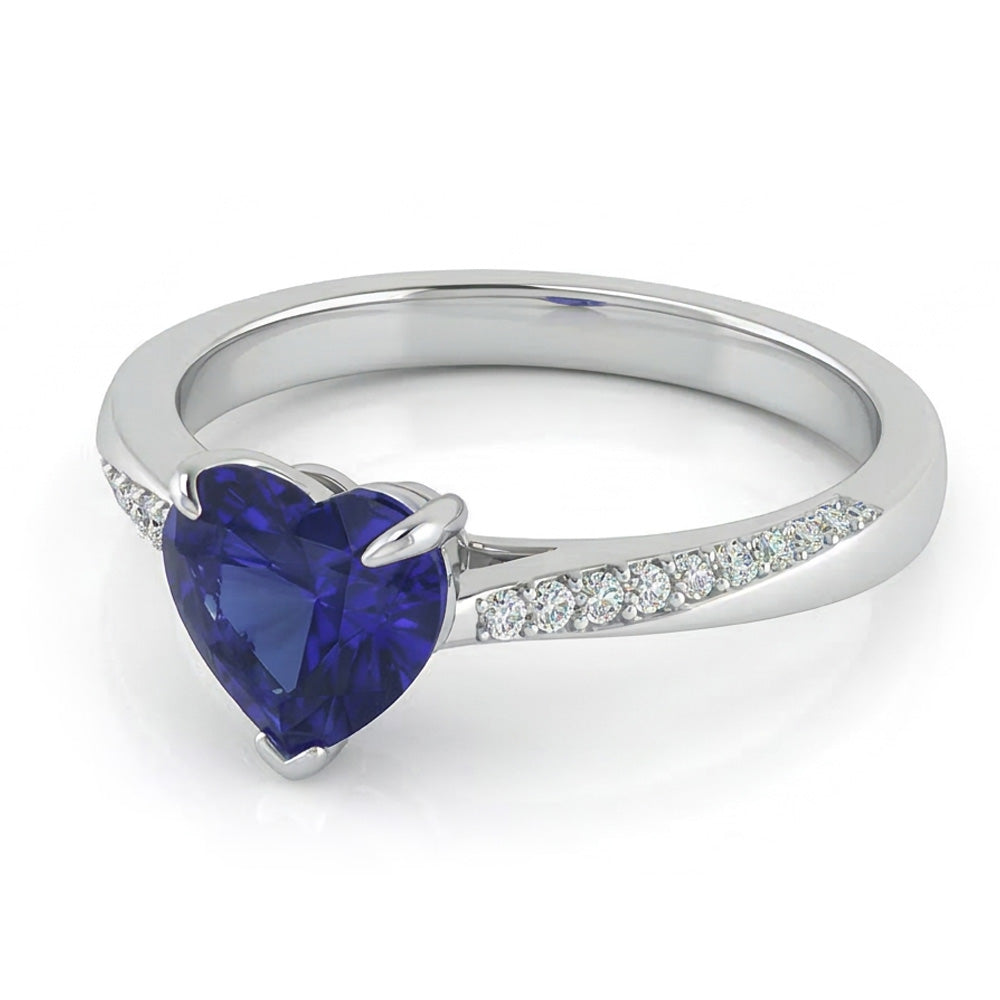 Round Natural Earth Mined Diamond ( Not Lab Grown ) & Blue Sapphire Engagement Ring 2 Carats Tapered Shank