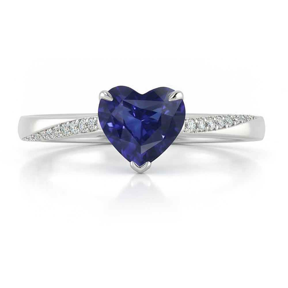 Round Natural Earth Mined Diamond ( Not Lab Grown ) & Blue Sapphire Engagement Ring 2 Carats Tapered Shank