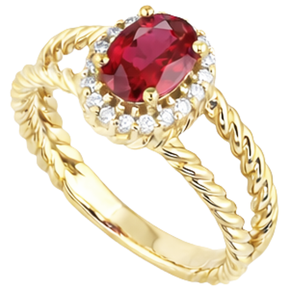 Round Natural Earth Mined Diamond ( Not Lab Grown )  & Oval Ruby Fancy Ring 1.25 Carats Yellow Gold 14K